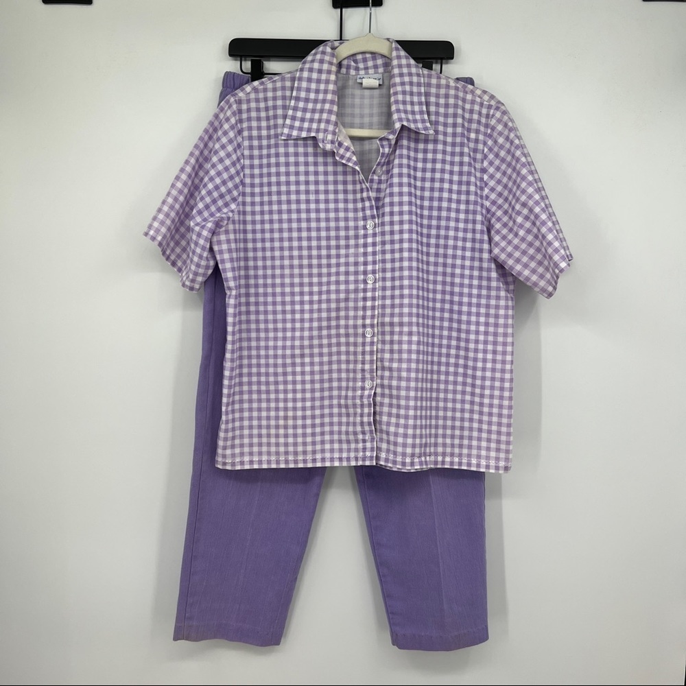 Set Vicki Wayne's purple checkered buttondown shirt matching knit pants.